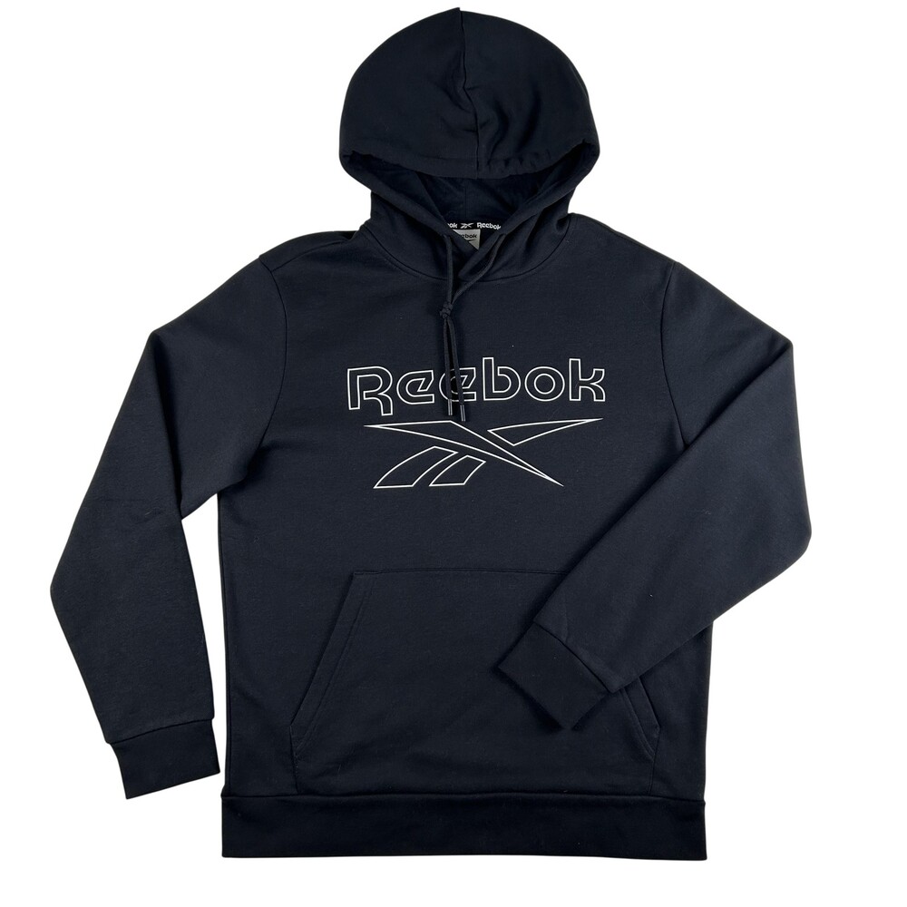 Reebok Hoodie Mens Medium Black Big Logo Front Fleece Pullover Sweatshirt